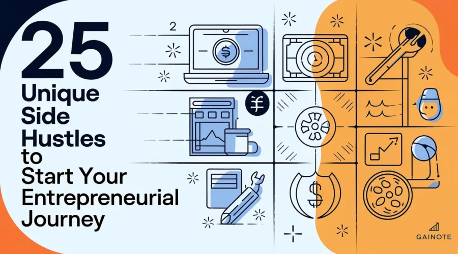 A professionally designed featured image for "25 Unique Side Hustles to Start Your Entrepreneurial Journey". There's a modern sans-serif font title with the text "25 Unique Side Hustles to Start Your Entrepreneurial Journey". The background contains icons representing various side hustles, such as a laptop with a currency symbol, a camera with a film reel, a microphone with waves, a wrench with a gear, a paintbrush with a palette, and a cup with a coffee bean. The icons are arranged in a circular pattern. The overall image has a blue and orange color palette, with the background being a gradient of these two colors.