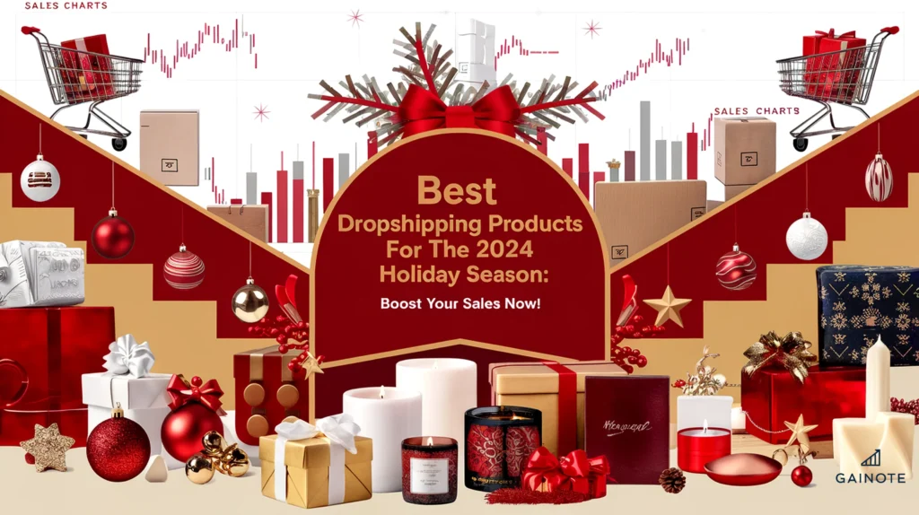 A visually striking image of a festive holiday season with trending dropshipping products. In the background, there are shopping carts, shipping boxes, and sales charts. The foreground contains a variety of holiday-themed products, such as ornaments, candles, and gift boxes. The background and products are arranged in a semi-circle around the title. The title "Best Dropshipping Products for the 2024 Holiday Season: Boost Your Sales Now!" is placed at the center in a bold, modern sans-serif font. The overall image has a festive color scheme of red, gold, and white.