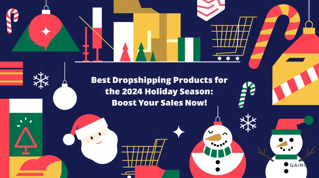 A festive illustration with a background of holiday-themed dropshipping products. There are shopping carts, shipping boxes, and sales charts. The products include a Santa Claus hat, a snowman ornament, a Christmas tree ornament, a stocking, and a candy cane. The overall background is a deep blue, and there are red, gold, and white elements throughout. The title of the article "Best Dropshipping Products for the 2024 Holiday Season: Boost Your Sales Now!" is placed in a bold, modern sans-serif font at the center of the image.