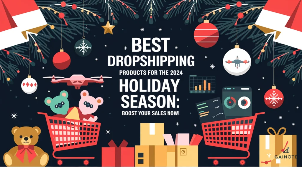 Design a professional featured image for an article titled 'Best Dropshipping Products for the 2024 Holiday Season: Boost Your Sales Now!' The background should feature visual elements like trending holiday products, shopping carts, shipping boxes, and sales charts to represent dropshipping and e-commerce. Use a festive color scheme of red, gold, and white to evoke the holiday spirit while maintaining a professional feel. Place the title in a bold, modern sans-serif font at the center to ensure high readability. Make the image visually striking, enticing, and aligned with the article's informative and sales-driven tone.