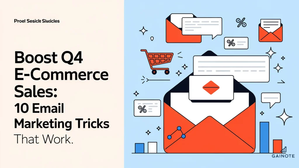A visual representation of the article title 'Boost Q4 E-commerce Sales: 10 Email Marketing Tricks That Work.' The background contains visual elements like emails, shopping carts, discount icons, and sales graphs, representing e-commerce and email marketing. The color scheme is orange, blue, and white. The title is placed in a bold, modern sans-serif font at the center for high readability. The image is visually striking with sharp contrasts and clean design elements that align with the article's actionable and results-oriented tone.