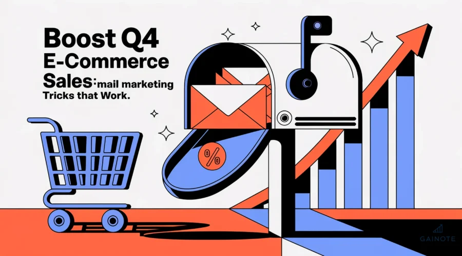 A visually striking illustration of a mailbox with a stack of orange envelopes. There's a shopping cart with a discount icon next to the mailbox. There's a blue graph with a steep upward slope. The background is white. The title "Boost Q4 E-commerce Sales: 10 Email Marketing Tricks That Work." is placed in a bold, modern sans-serif font at the center. The image has sharp contrasts and clean design elements.