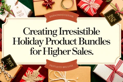 A visually striking, eye-catching, and holiday-driven featured image for an article titled 'Creating Irresistible Holiday Product Bundles for Higher Sales.' The background features festive gift boxes, ribbon-wrapped bundles, holiday-themed items, and sales tags. The title is placed in an elegant serif font at the center. The overall image has a warm holiday color scheme of red, gold, and green.