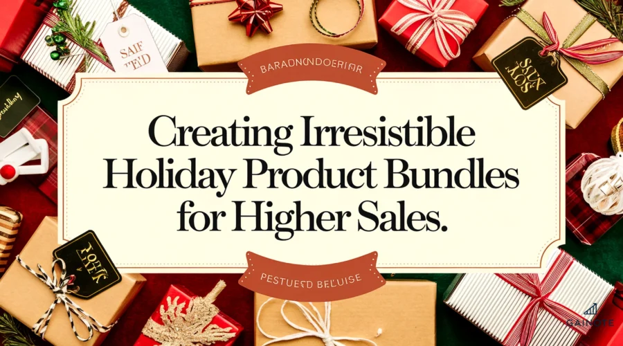 A visually striking, eye-catching, and holiday-driven featured image for an article titled 'Creating Irresistible Holiday Product Bundles for Higher Sales.' The background features festive gift boxes, ribbon-wrapped bundles, holiday-themed items, and sales tags. The title is placed in an elegant serif font at the center. The overall image has a warm holiday color scheme of red, gold, and green.