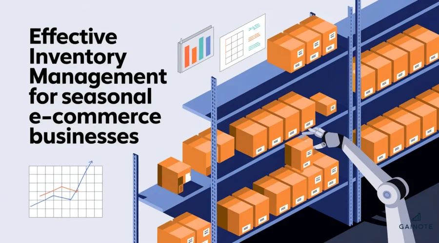 A modern, clean white background with the title "Effective Inventory Management for Seasonal E-commerce Businesses" in bold,sans-serif font. Below the title, there is an image of organized stock shelves filled with boxes. There are also charts and inventory lists on the shelves. The shelves are blue and have white labels. There is a gray robot arm in the background, reaching for a box. There is a subtle overlay of a graph and a calendar. The overall image has a professional and reliable vibe.