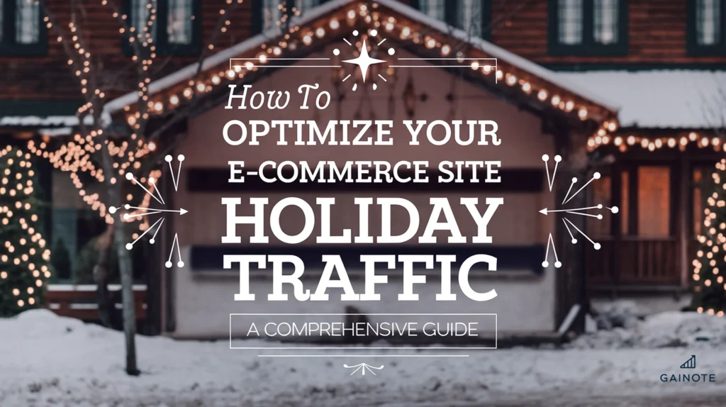 A image with the text "How to Optimize Your E-commerce Site for Holiday Traffic: A Comprehensive Guide" in the center. The text is in a cool and engaging font, with a good color. The background image is a festive holiday scene with a snowy landscape, lighted decorations, and a traditional building.