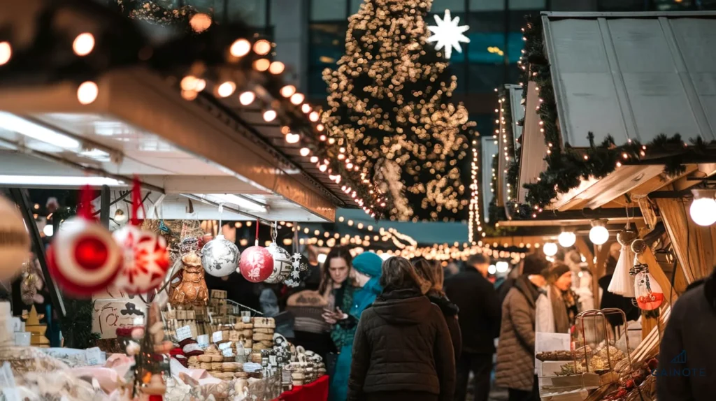 A medium shot of a bustling holiday market. There are various stalls selling goods such as ornaments, toys, and food. The stalls are decorated with lights and festive banners. In the background, there's a large tree with twinkling lights and a star on top. The overall image has a warm, cozy ambiance.