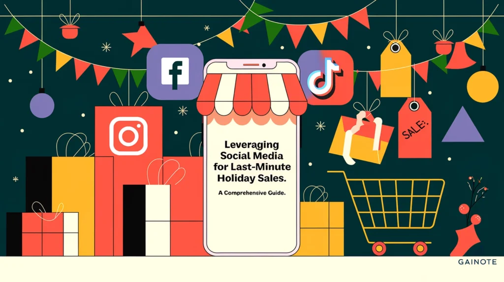 A vibrant holiday-themed illustration with a smartphone displaying social media icons (Facebook, Instagram, TikTok). There are shopping carts and sale tags. The background is a festive atmosphere with holiday decor. The title "Leveraging Social Media for Last-Minute Holiday Sales: A Comprehensive Guide." is placed at the center in a bold, modern sans-serif font for high readability.