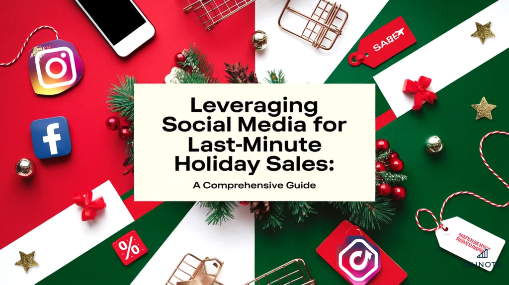 A visually striking and dynamic image with a festive atmosphere. The background is a vibrant holiday color scheme of red, green, and white, with accents of gold. There are social media icons (Facebook, Instagram, TikTok), a smartphone, shopping carts, holiday decor, and sale tags. The title 'Leveraging Social Media for Last-Minute Holiday Sales: A Comprehensive Guide' is placed in a bold, modern sans-serif font at the center for high readability.