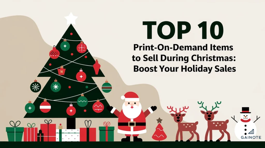 A professional featured image for 'Top 10 Print-on-Demand Items to Sell During Christmas: Boost Your Holiday Sales'. The image contains a festive Christmas tree with red and green ornaments, a white star on top, and wrapped presents beneath it. There are also holiday-themed items such as a Santa Claus figure, reindeer, and a snowman. The background is a beige wall. The text 'Top 10 Print-on-Demand Items to Sell During Christmas: Boost Your Holiday Sales' is written in bold, black letters at the bottom.