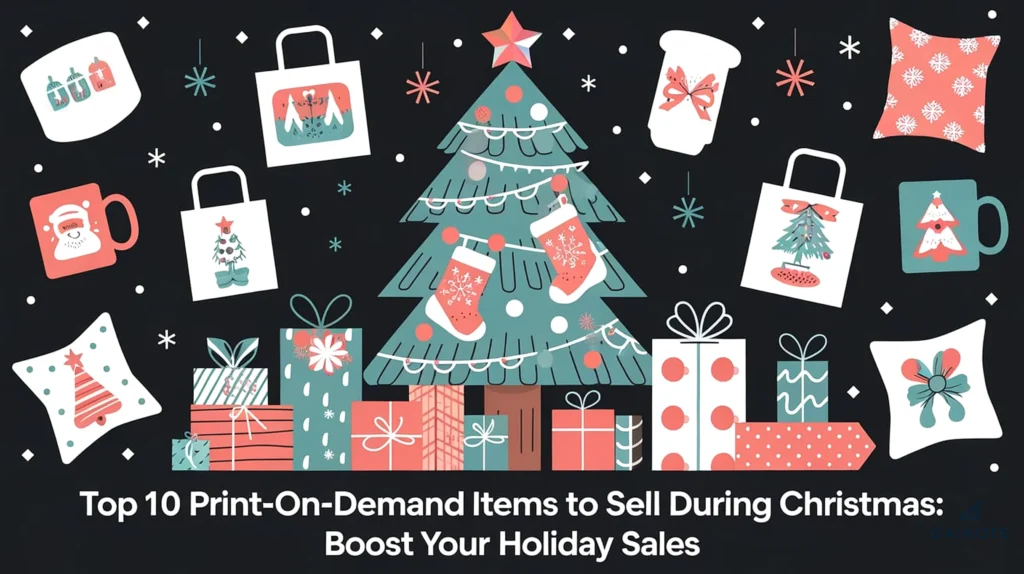A vector illustration of a festive holiday scene with a tree, presents, and a stocking. There are various print-on-demand items around the scene, such as mugs, tote bags, and pillows. The text "Top 10 Print-on-Demand Items to Sell During Christmas: Boost Your Holiday Sales" is placed at the bottom.