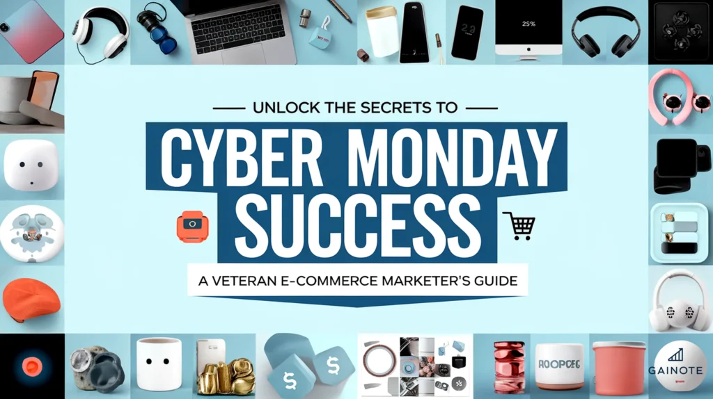 A blog post image with the text "Unlock the Secrets to Cyber Monday Success: A Veteran E-commerce Marketer's Guide" in the center. The text is in a cool and engaging font, with a good color. The background image is a collage of various e-commerce elements such as a shopping cart, a credit card, a mobile device, and a laptop. There are also some festive elements like a Santa Claus and a Christmas tree. The overall image has a warm orange hue.