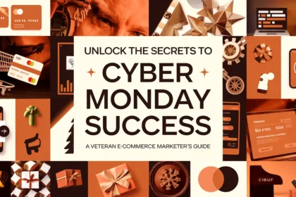 A blog post image with the text "Unlock the Secrets to Cyber Monday Success: A Veteran E-commerce Marketer's Guide" in the center. The text is in a cool and engaging font, with a good color. The background image is a collage of various e-commerce elements such as a shopping cart, a credit card, a mobile device, and a laptop. There are also some festive elements like a Santa Claus and a Christmas tree. The overall image has a warm orange hue.