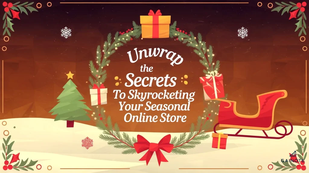 image with the text "Unwrap the Secrets to Skyrocketing Your Seasonal Online Store" in the center. The background is afestive holiday scene with Christmas trees, gifts, and decorations.Less
