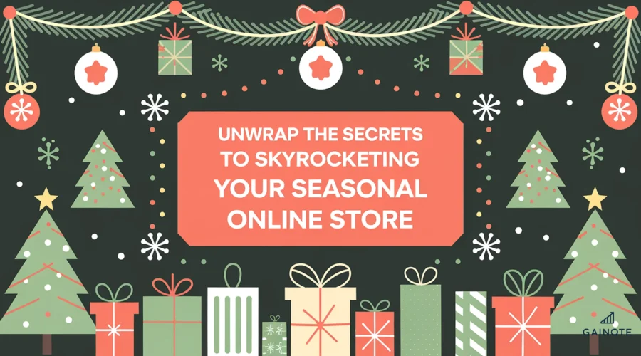 image with the text "Unwrap the Secrets to Skyrocketing Your Seasonal Online Store" in the center. The background is afestive holiday scene with Christmas trees, gifts, and decorations.
