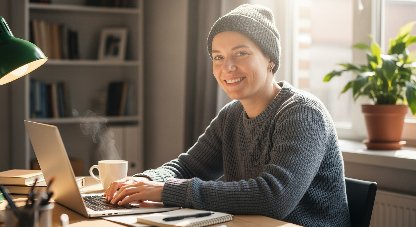 Person happily working from home on a laptop with a view of a cozy room, symbolizing the freedom and comfort of remote work without a degree.