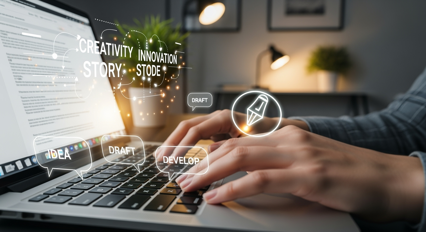 Creative content writer typing on a laptop with abstract digital elements like text bubbles and a pen icon floating around, emphasizing the skill of writing.
