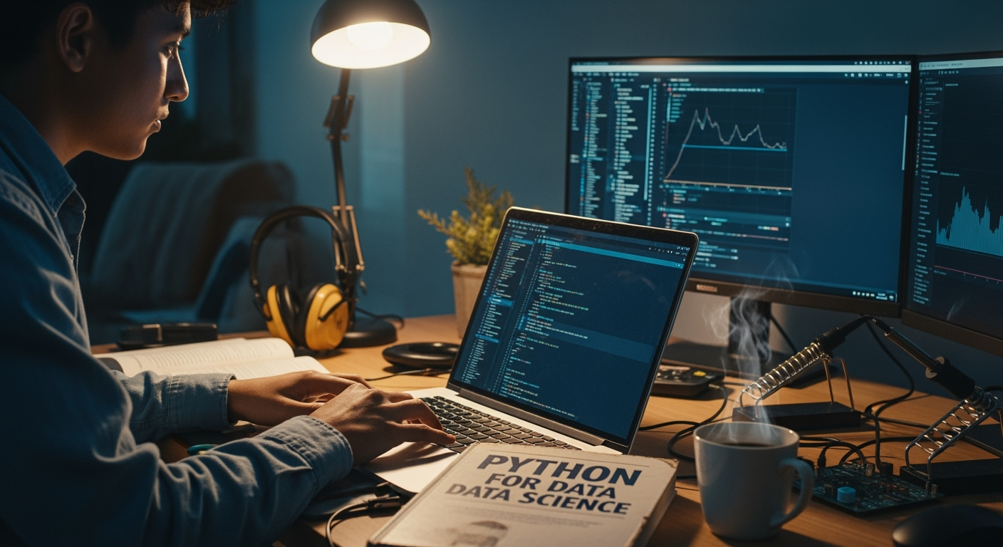 Person learning to code on a laptop with lines of code displayed on the screen, surrounded by resources like books and a coffee, highlighting self-taught web development.