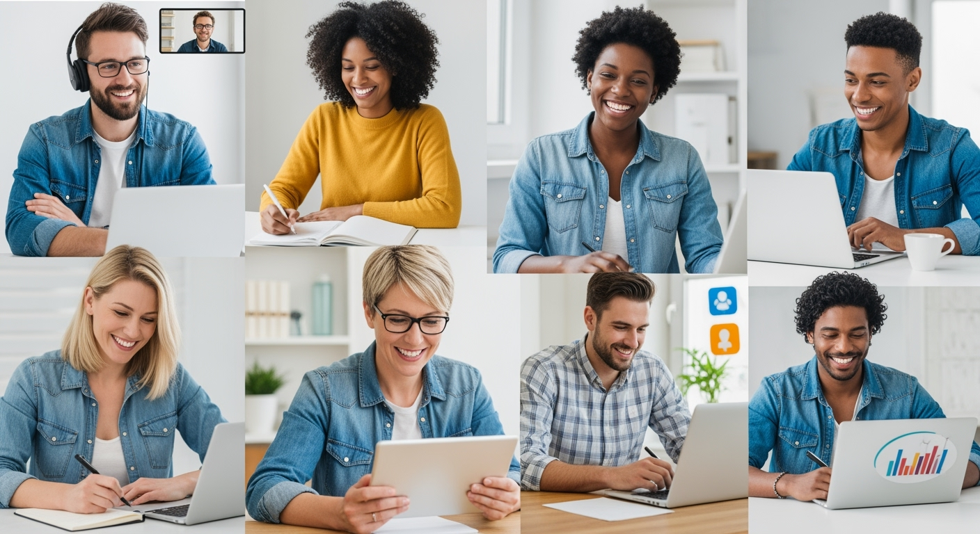 Diverse group of happy individuals engaged in various remote work activities like video calls, writing, and designing, symbolizing different degree-free jobs.