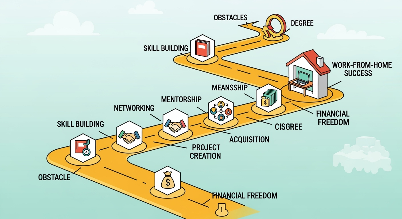 A roadmap leading towards a successful, flexible work-from-home lifestyle, with milestones like 'Skill Building' and 'Financial Freedom' without a 'Degree' roadblock.
